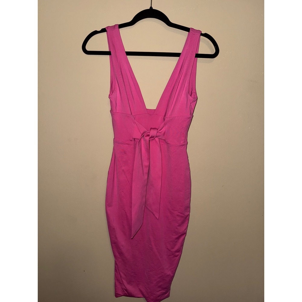 Kookai Hot Pink Deep V-Neck Tie Waist Ribbed Bodycon Midi Dress Size 1 Barbiecor